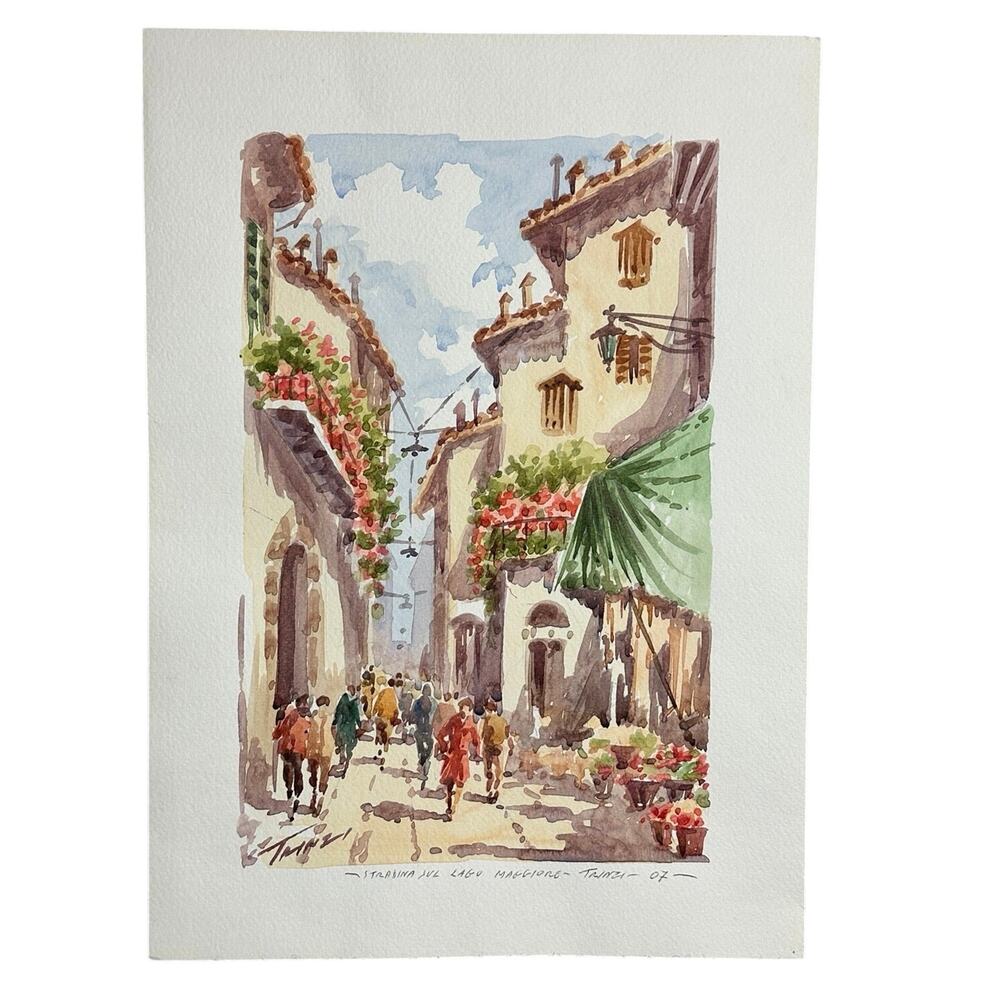 Vintage watercolor painting signed Trinzi Italy Maggiore street scene unframed